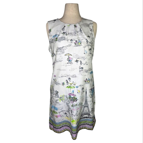 Chetta B Paris Print Sleeveless Sheath Dress Size 12 Eiffel Tower Scene - Picture 1 of 8